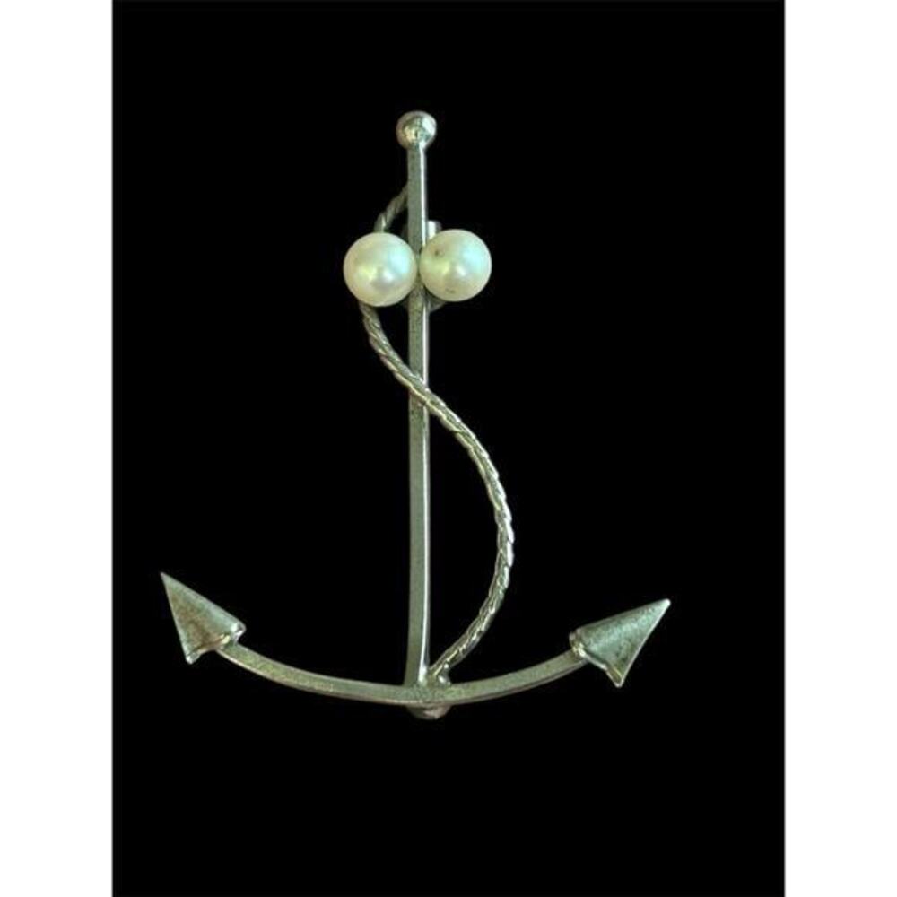 Vtg MCM Sterling Silver DCE Curtis Navy Boating Anchor Brooch FW Pearls 925